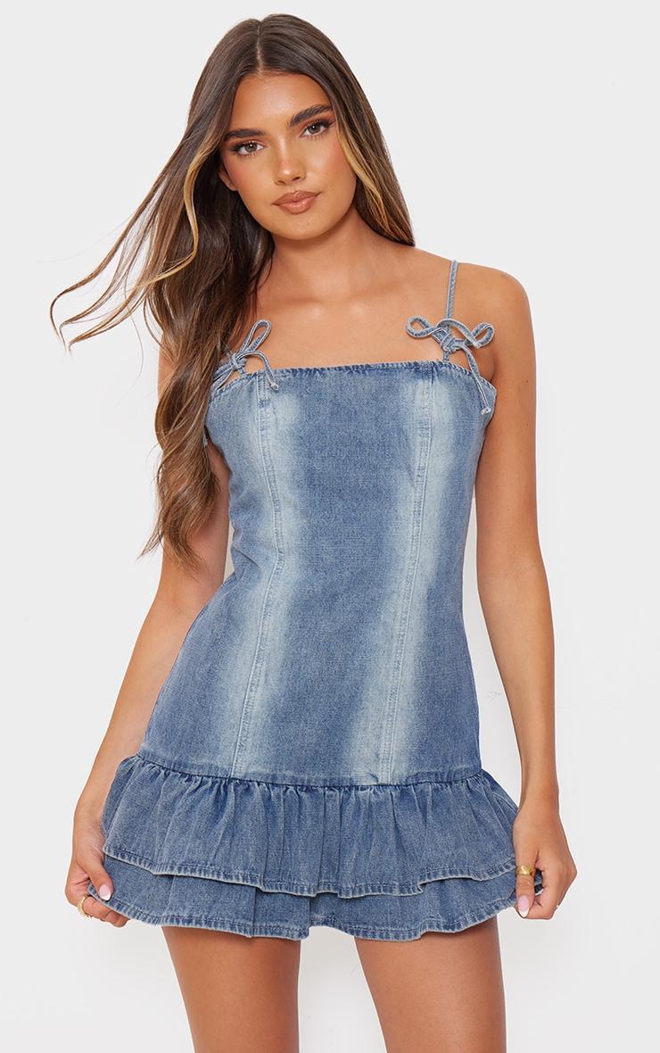 Vintage Bow Detail Puffball Denim Mini Dress Product Image