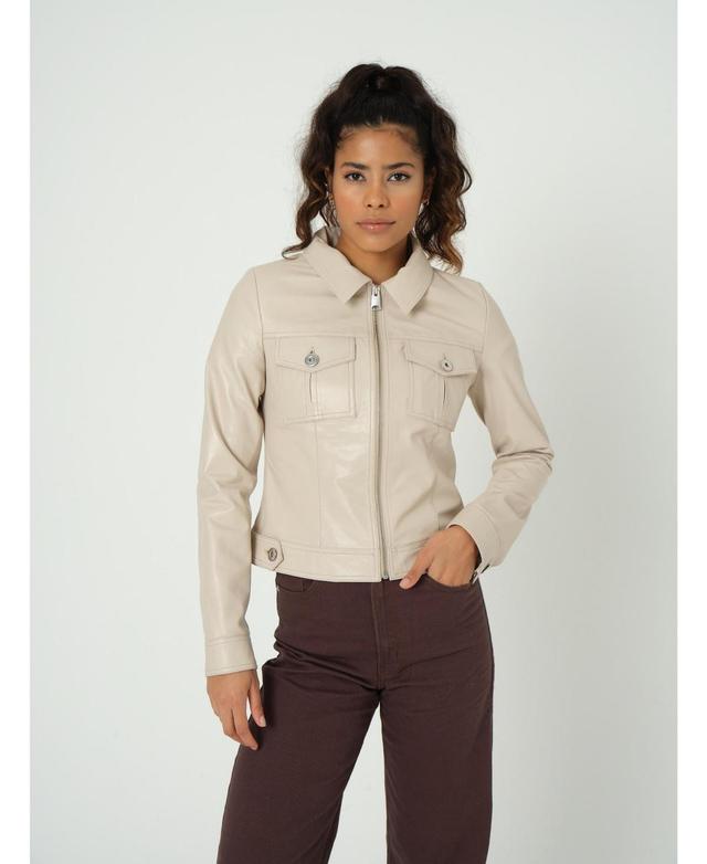 Furniq Uk Womens Denim Style Zipper Nappa Jacket Beige Product Image