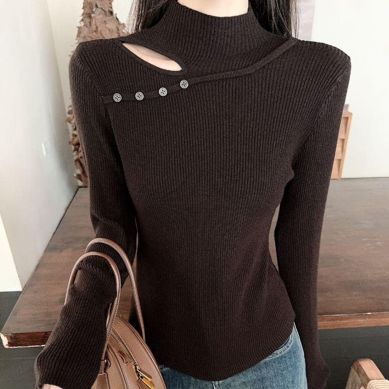 Long Sleeve Mock Neck Plain Cutout Ribbed Knit Top Product Image