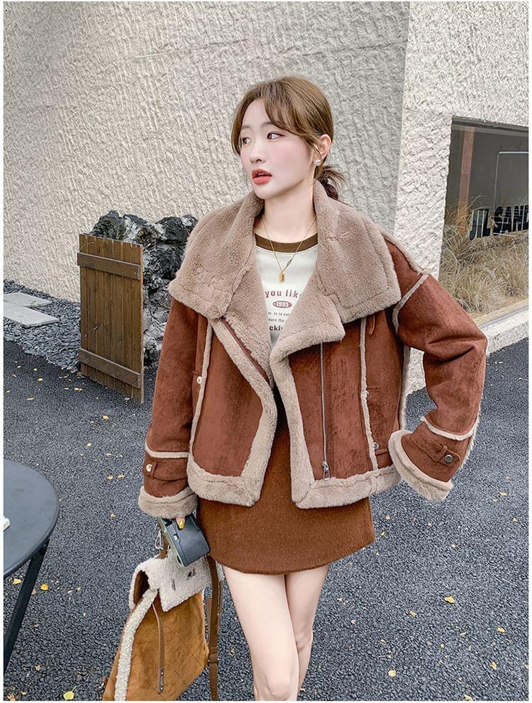 Collared Panel Faux Shearling Zip Jacket Product Image