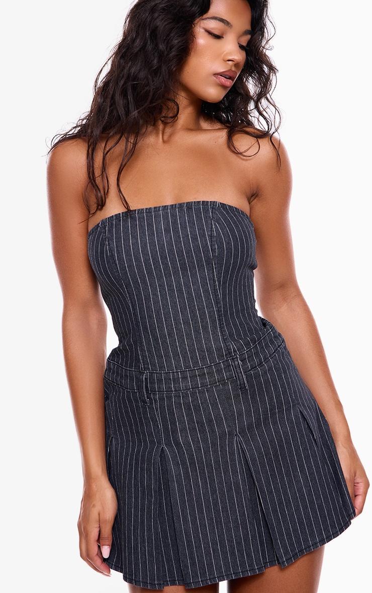 Navy Pinstripe Denim Pleated Bandeau Skater Dress Product Image