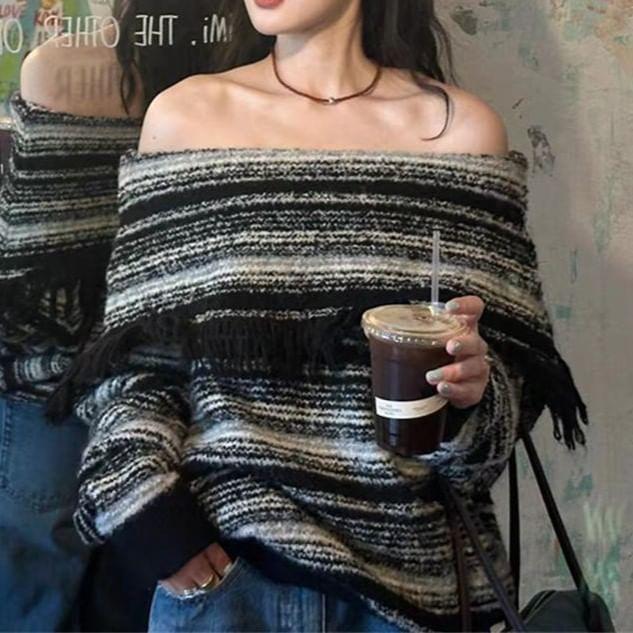 Off-Shoulder Striped Fringed Sweater Product Image