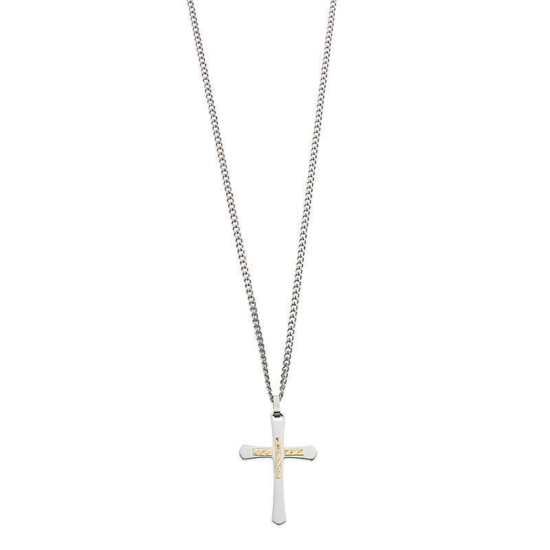 Kristen Kesho 14k Gold Diamond Cut Cross on Stainless Steel Cross Pendant Necklace, Mens Silver Product Image