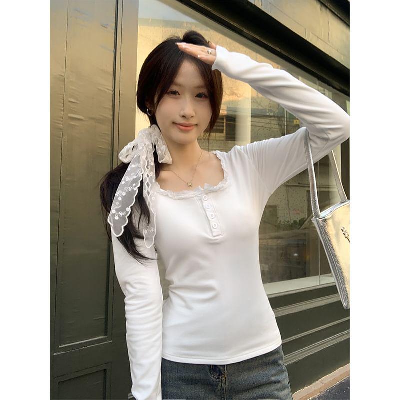 Long Sleeve Henley Scoop Neck Plain Crop Tee Product Image