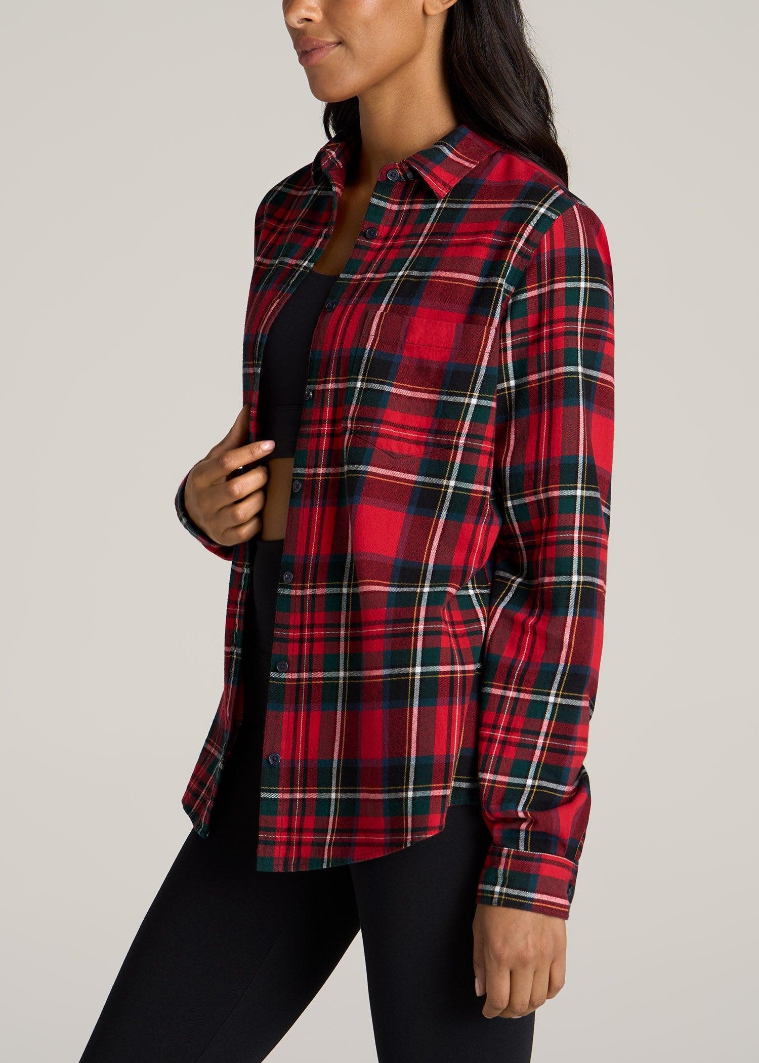 Flannel Button-Up Shirt for Tall Women in Red and Green Tartan Female Product Image