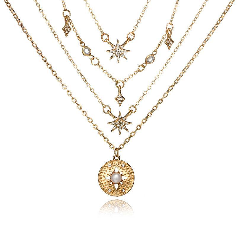 Rhinestone Disc Pendant & Star Layered Necklace Product Image