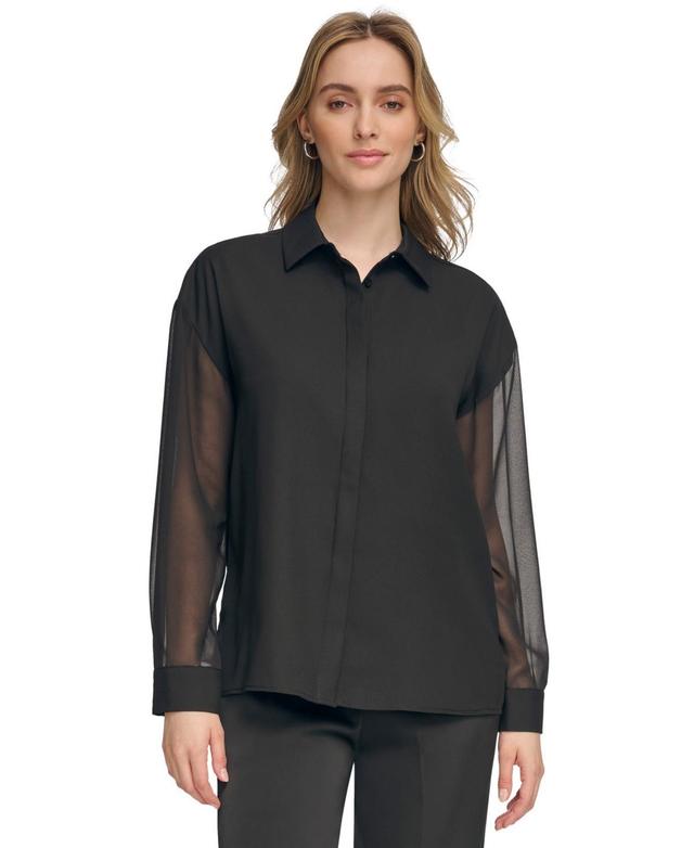 Calvin Klein Womens Chiffon Sleeve Button Down Blouse Product Image