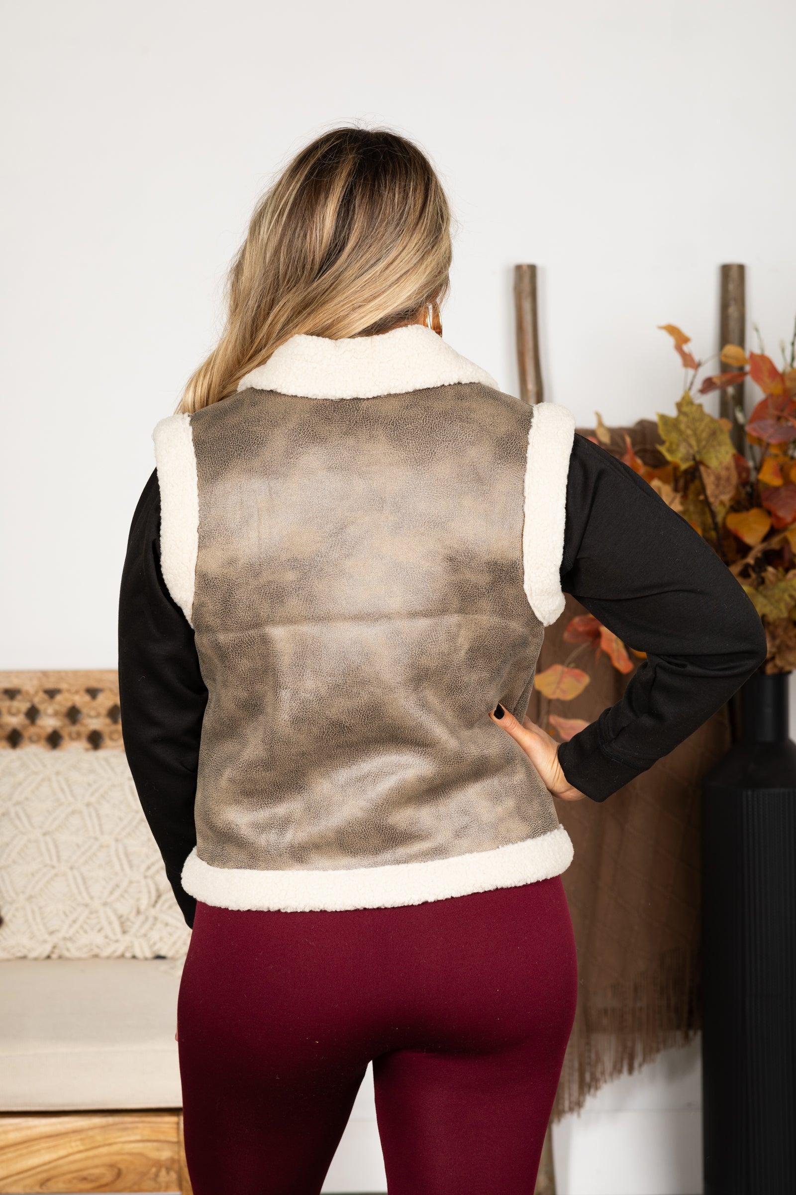 Mocha Faux Leather Side Pockets Sherpa Vest Product Image