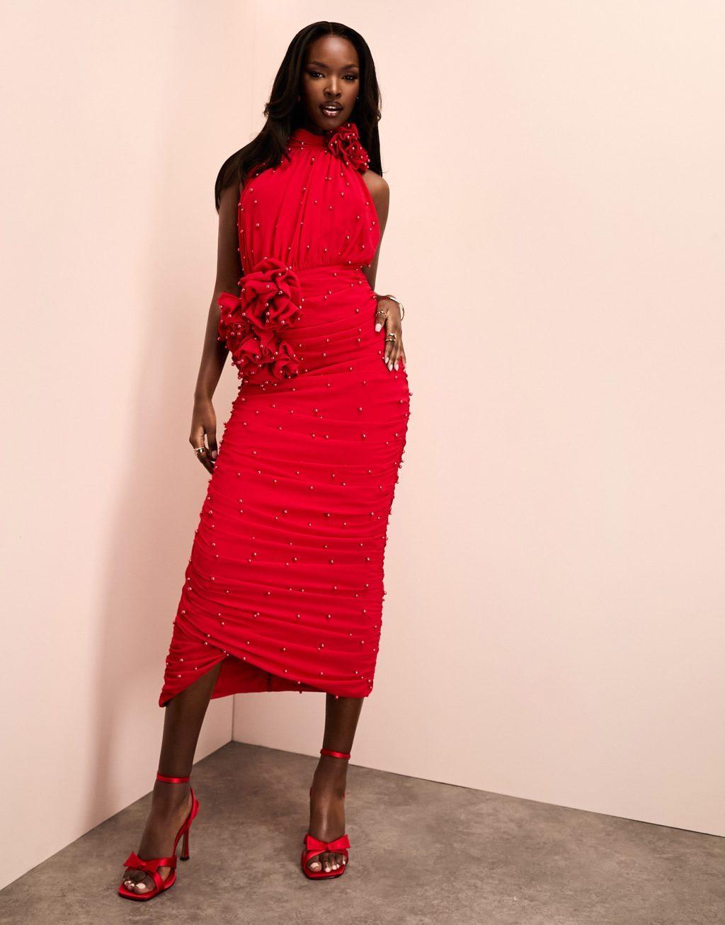 ASOS LUXE pearl embellished corsage halter midi dress in red product image