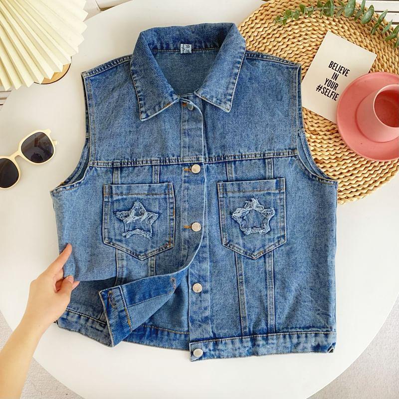 Star Embroidered Washed Denim Single-Breasted Vest Product Image