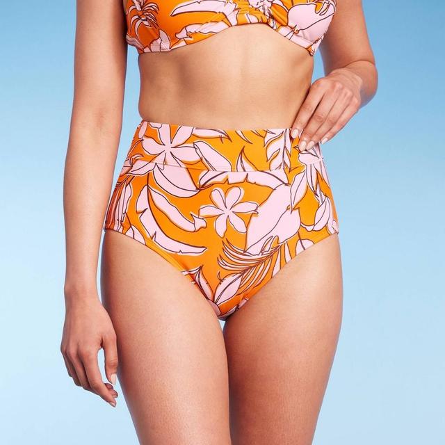 Womens Tropical Print Tummy Control Full Coverage High Waist Bikini Bottom - Kona Sol Orange XS Product Image