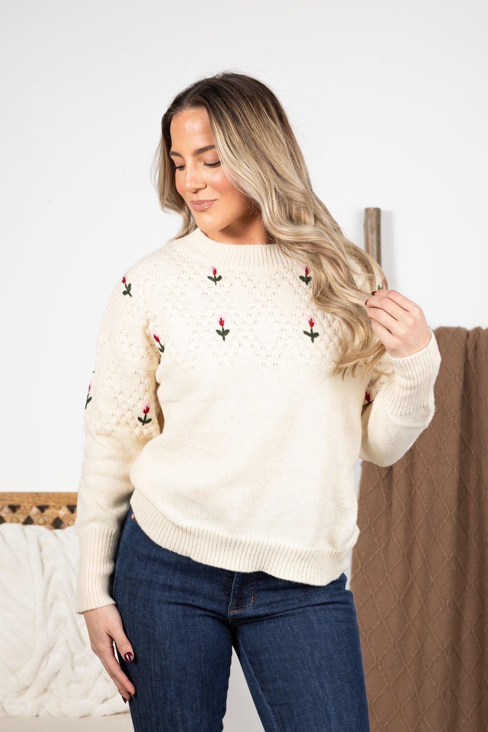 Ivory Sweater With Floral Appliques Product Image