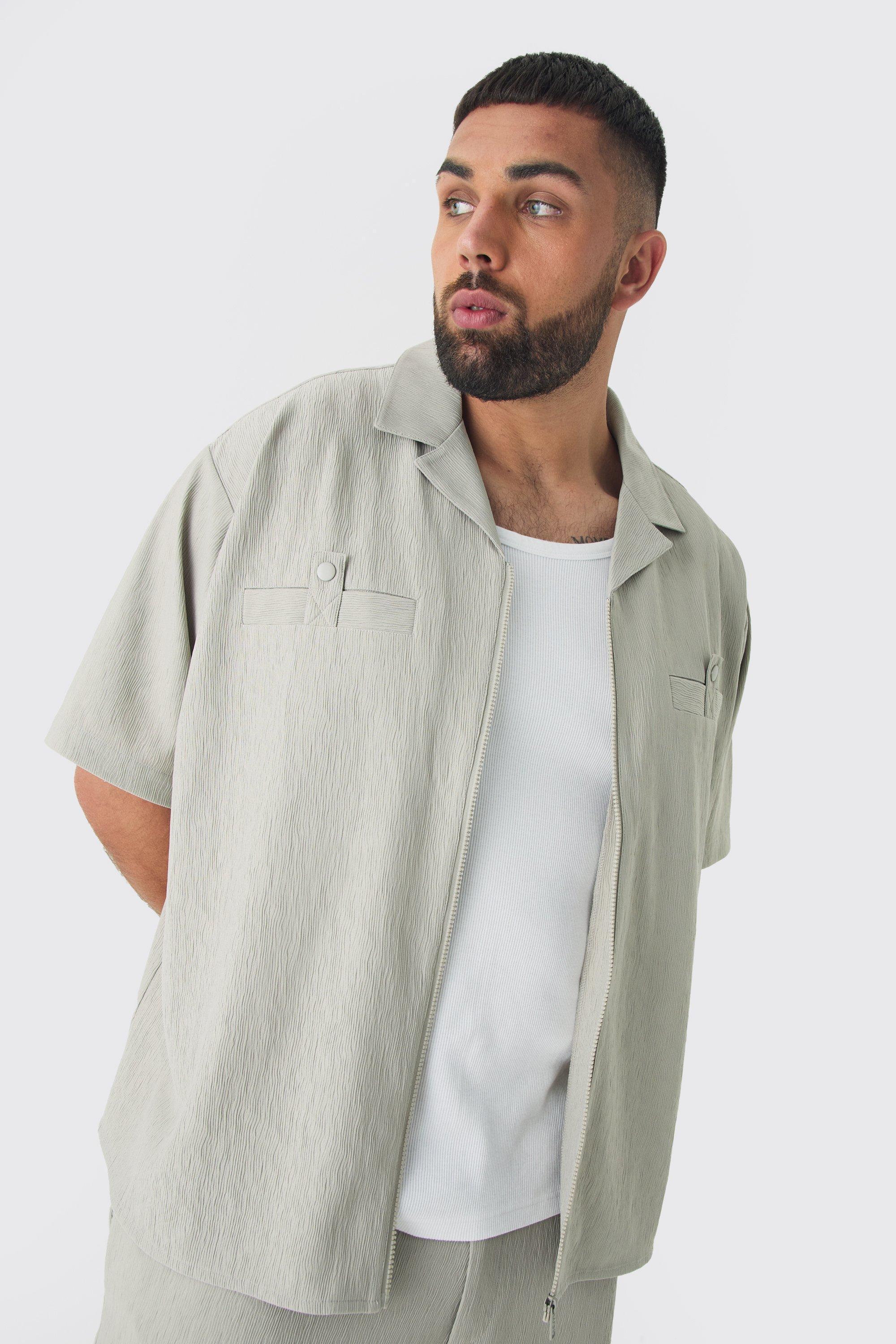 Plus Textured Pleated Zip Up Shirt | boohooMAN USA Product Image