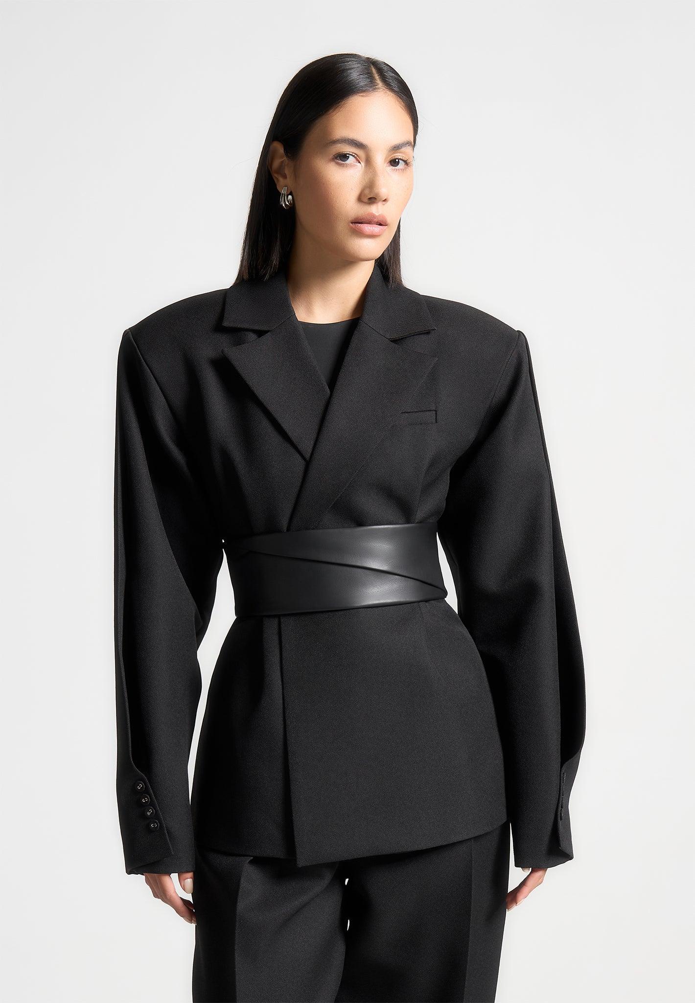 Twist Sleeve Tailored Blazer with Belt - Black Female Product Image