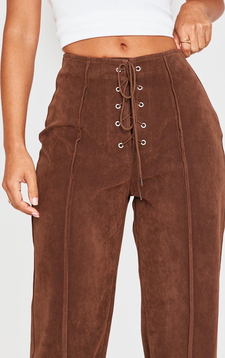 Petite Chocolate Suede Lace Up Wide Leg Pants Product Image