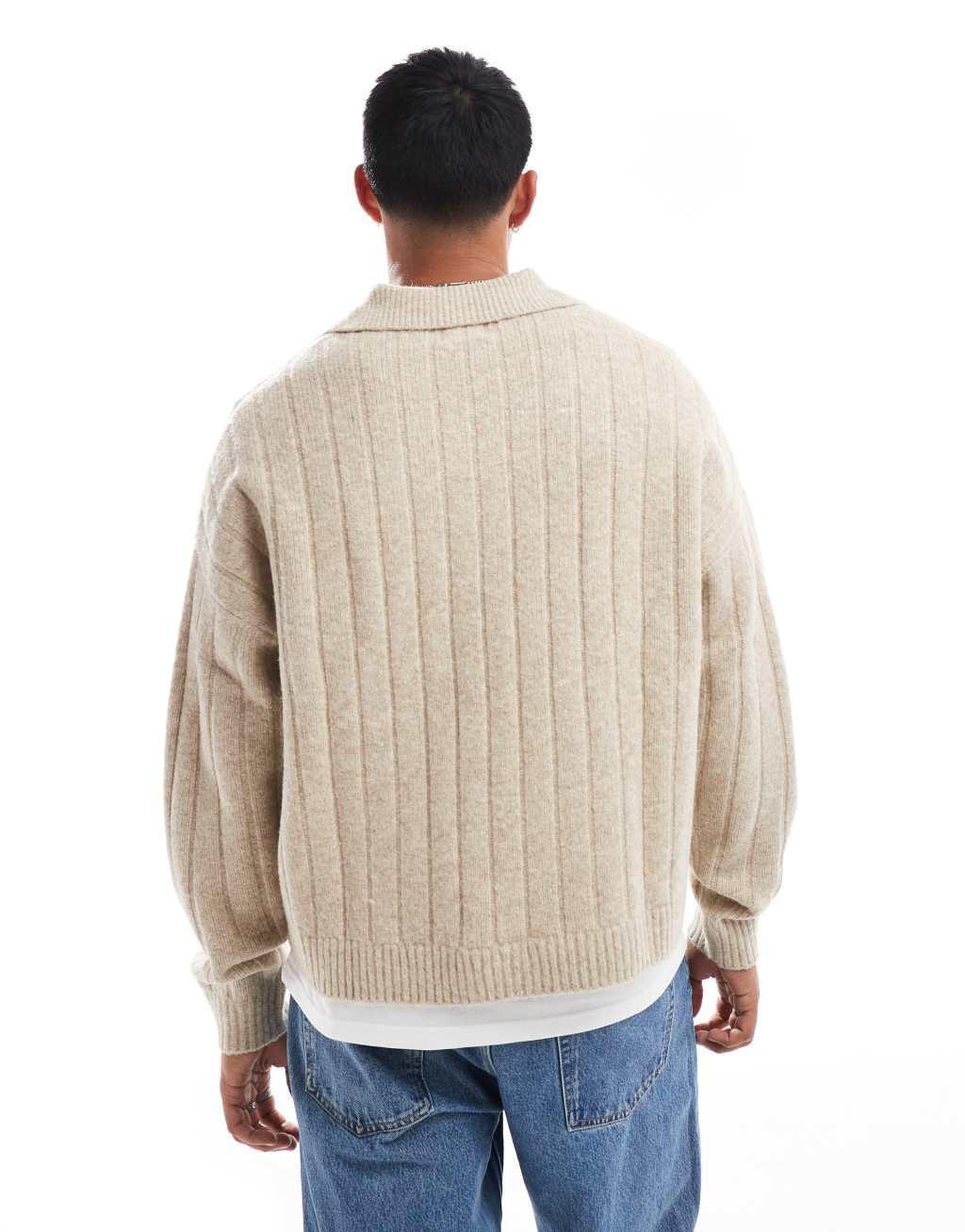 ASOS DESIGN oversized rib knit notch neck sweater in heathered stone Product Image