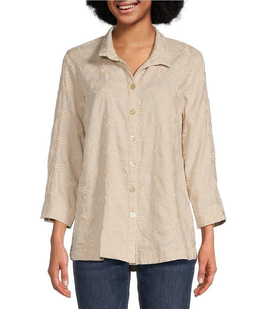 John Mark Woven Embroidered Floral Point Collar Neck 3/4 Sleeve Button Front Blouse product image