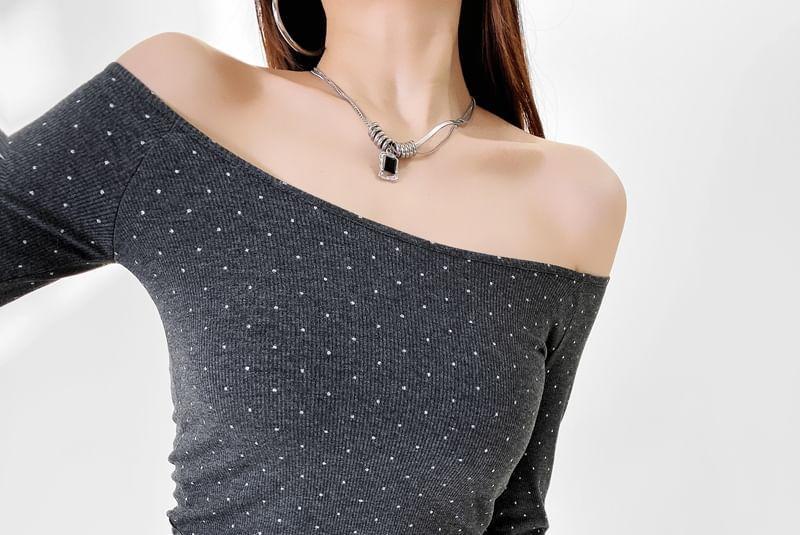 Long Sleeve Round Neck Dotted Cropped T-Shirt Product Image