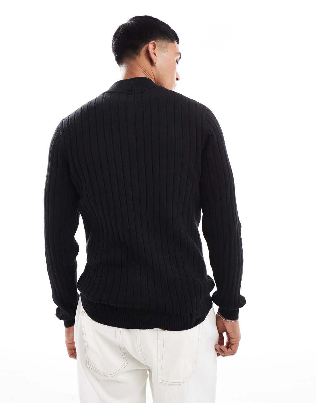 ASOS DESIGN essential muscle fit knitted rib 1/2 zip sweater in black Product Image