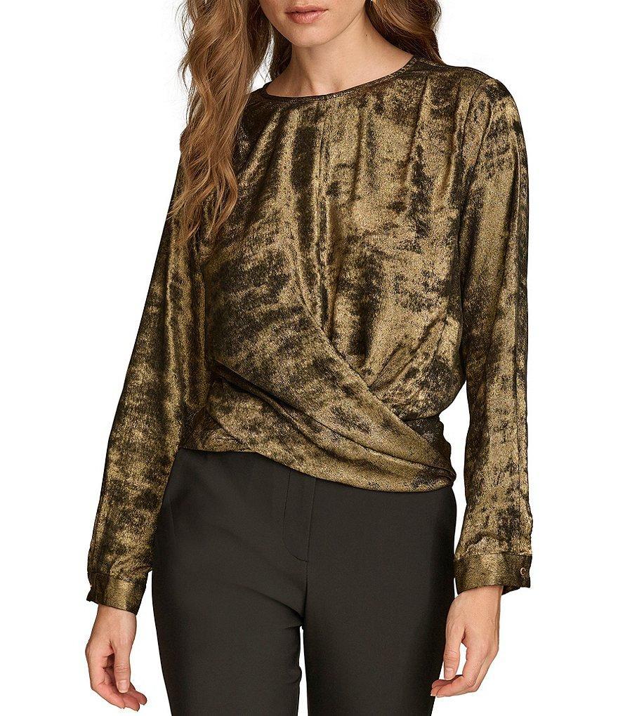 Donna Karan Liquid Foil Crew Neck Long Sleeve Wrap Front Top Product Image