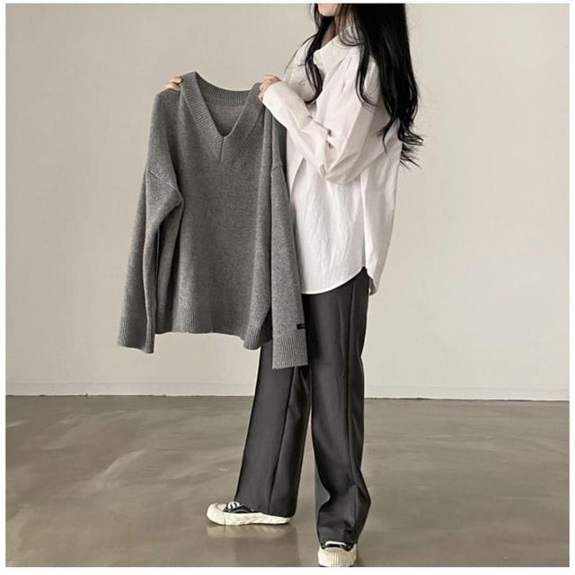 V-Neck Plain Sweater Product Image