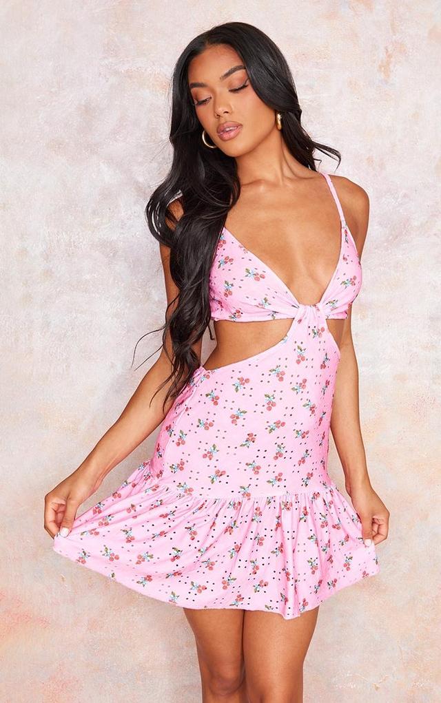 Pink Strawberry Printed Broderie Cut Out Frill Shift Dress Product Image