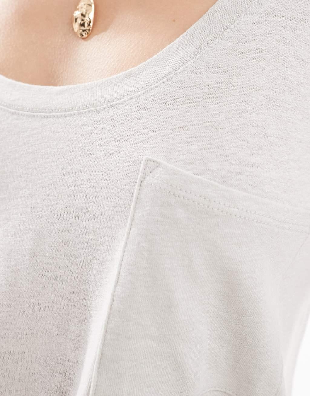 ASOS DESIGN linen look scoop neck pocket tee in stone Product Image