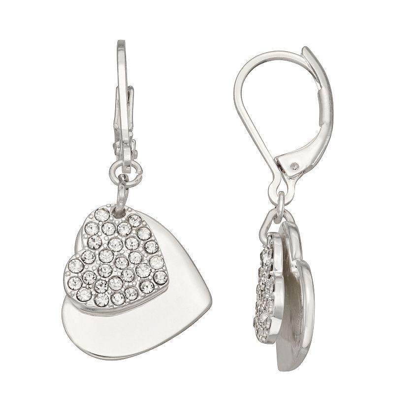 Nine West Silver Tone Pave Heart Leverback Earrings, Womens, Clear Product Image