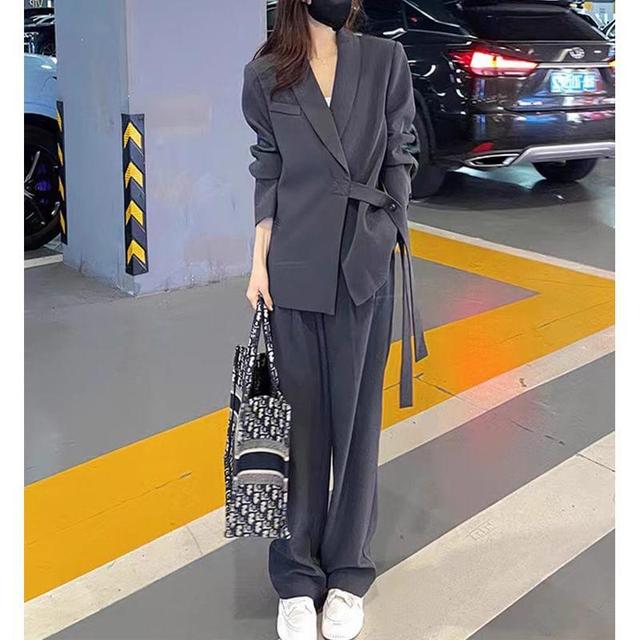 Set: Shawl Neck Plain Sashed Blazer + Mid Rise Loose Fit Dress Pants Product Image