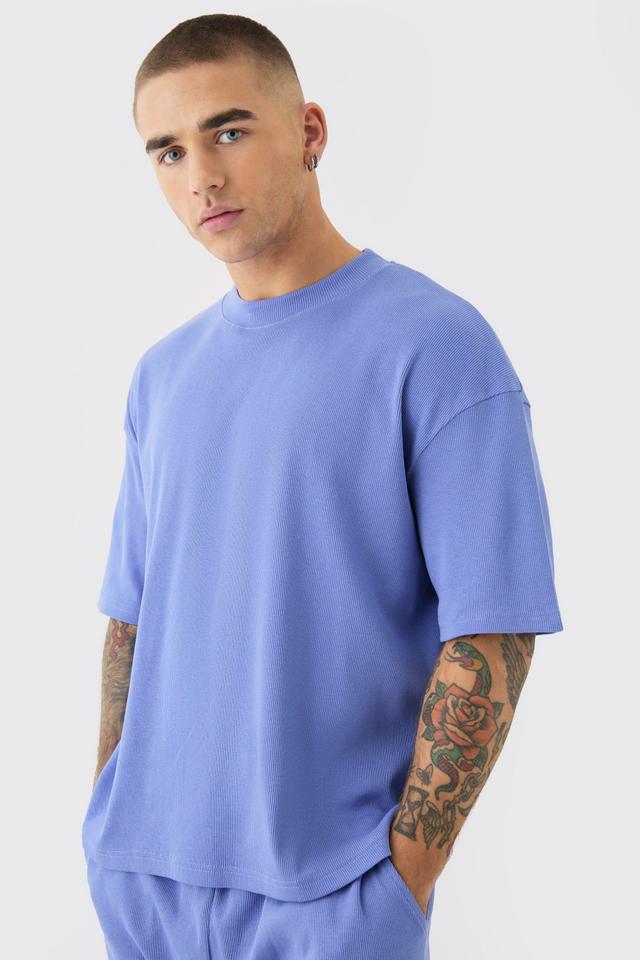 Mens Blue Oversized Boxy Extended Neck Heavyweight Ribbed T-shirt, Blue Product Image