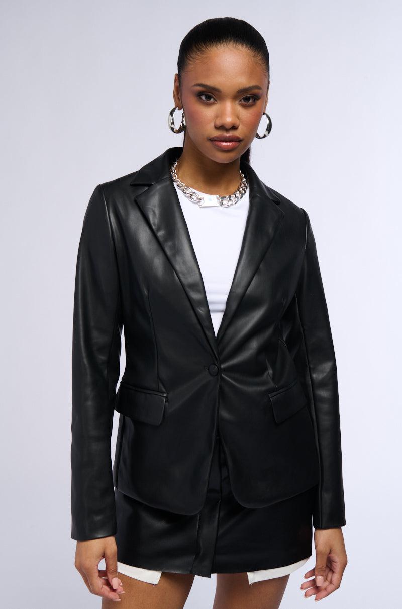 SO CHIC SOFT FAUX LEATHER BLAZER IN BLACK Product Image