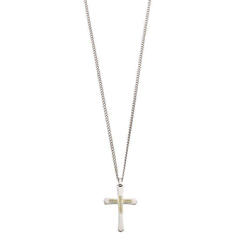 Kristen Kesho 14k Gold Bars on Stainless Steel Cross Pendant Necklace, Mens Silver Product Image