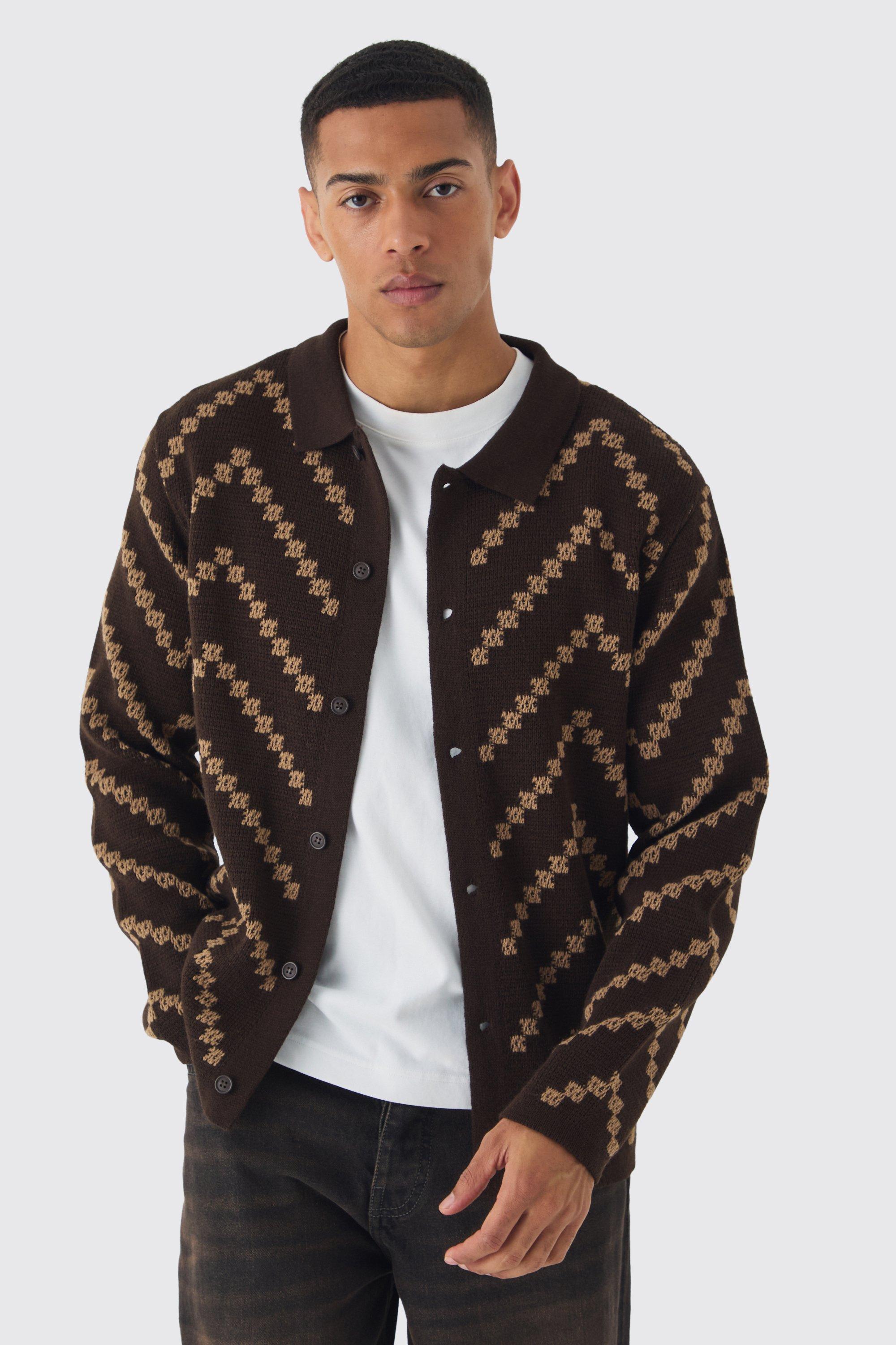 Mens Brown Long Sleeve Stripe Knit Shirt, Brown Product Image