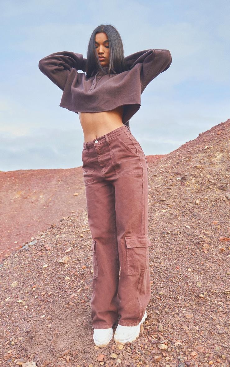 Brown Cargo Pocket Baggy Wide Leg Jeans Product Image