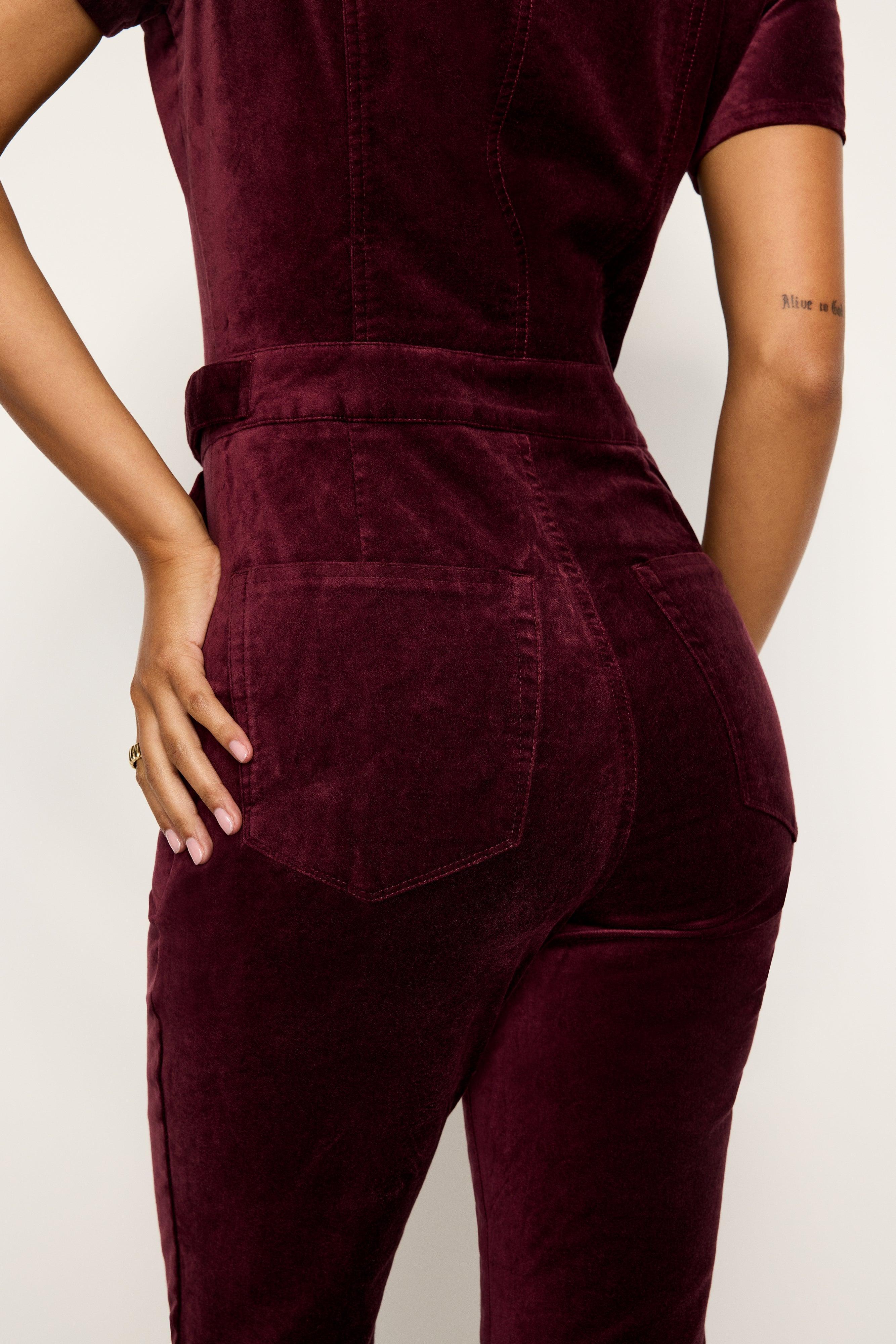 FIT FOR SUCCESS VELVET BOOTCUT JUMPSUIT | OXBLOOD002 Product Image