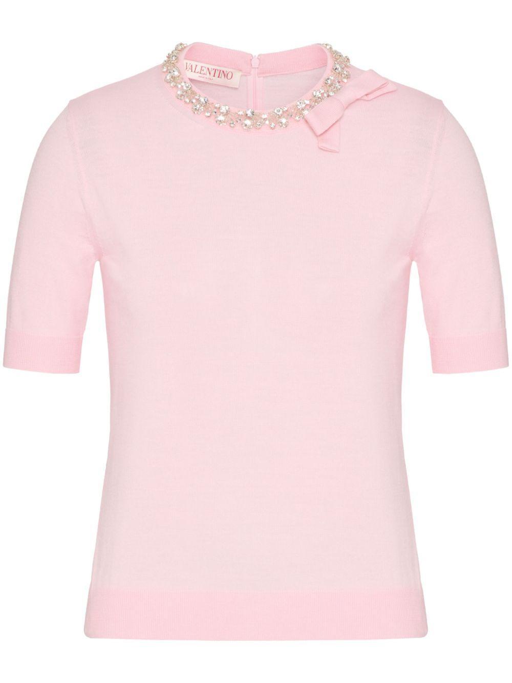 VALENTINO Crystal-embellished Fine-knit T-shirt In Lt Pink Product Image