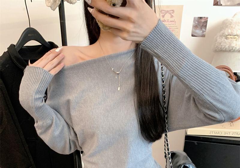 Long-Sleeve Off-Shoulder Plain Sweater Product Image