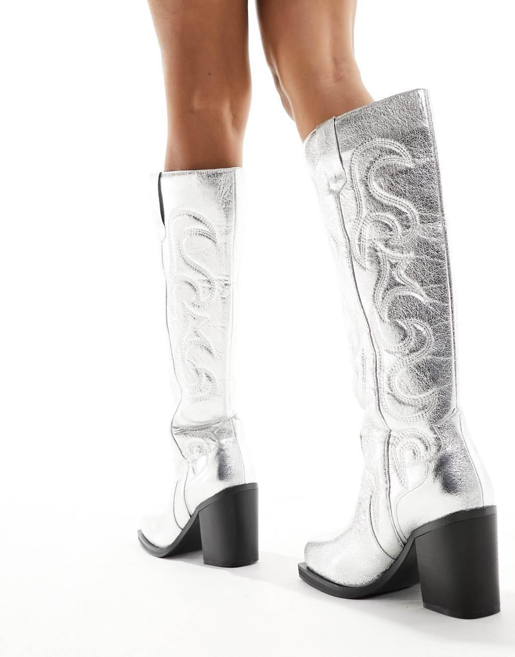 Public Desire Wide Fit Austine knee boot with western stitching in metallic silver Product Image