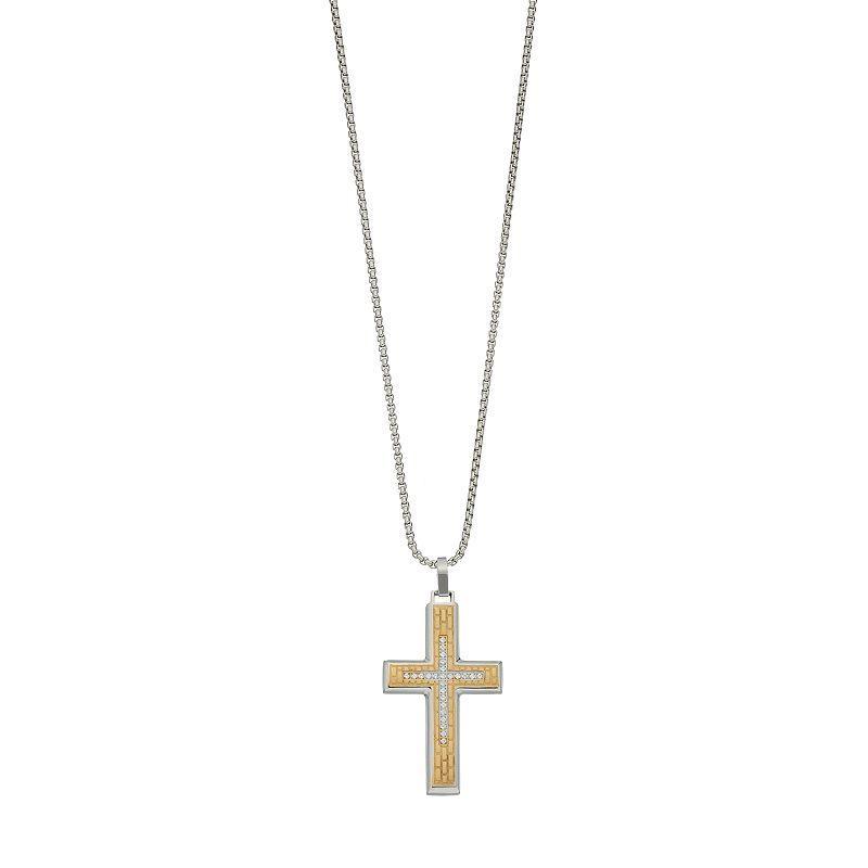 LYNX Mens Two Tone Stainless Steel Cubic Zirconia Cross Pendant Necklace Product Image