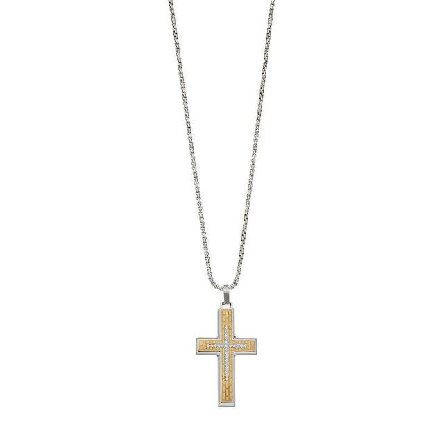 LYNX Mens Two Tone Stainless Steel Cubic Zirconia Cross Pendant Necklace Silver Product Image