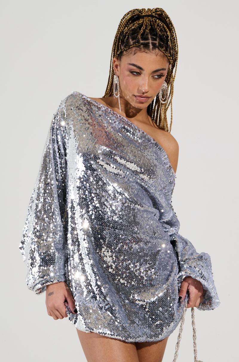 GEMMA OFF THE SHOULDER VOLUMINOUS SEQUIN MINI DRESS IN SILVER Product Image