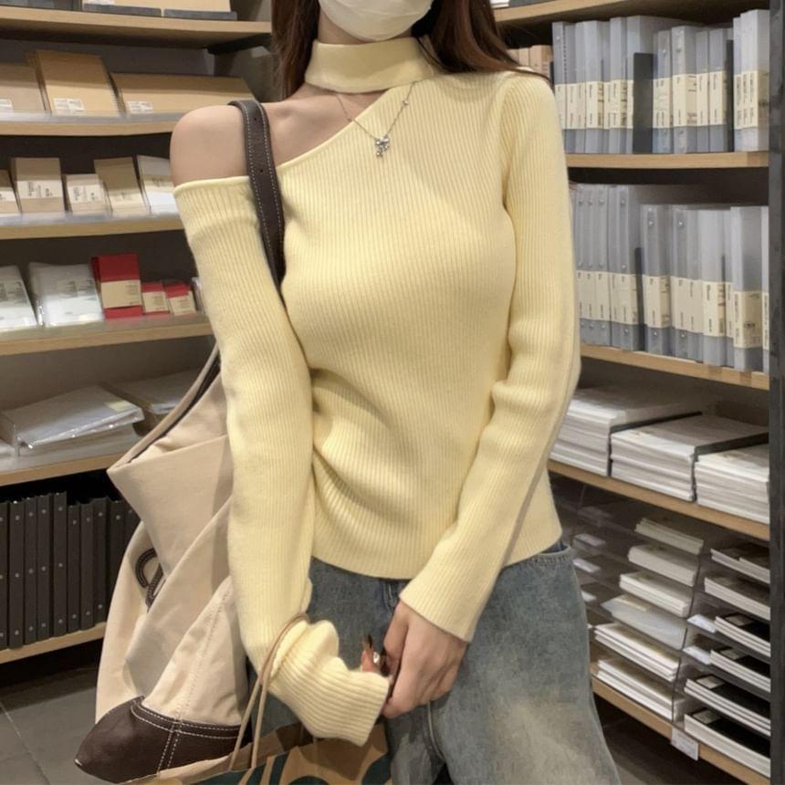 Long Sleeve One Shoulder Plain Ribbed Knit Top Product Image