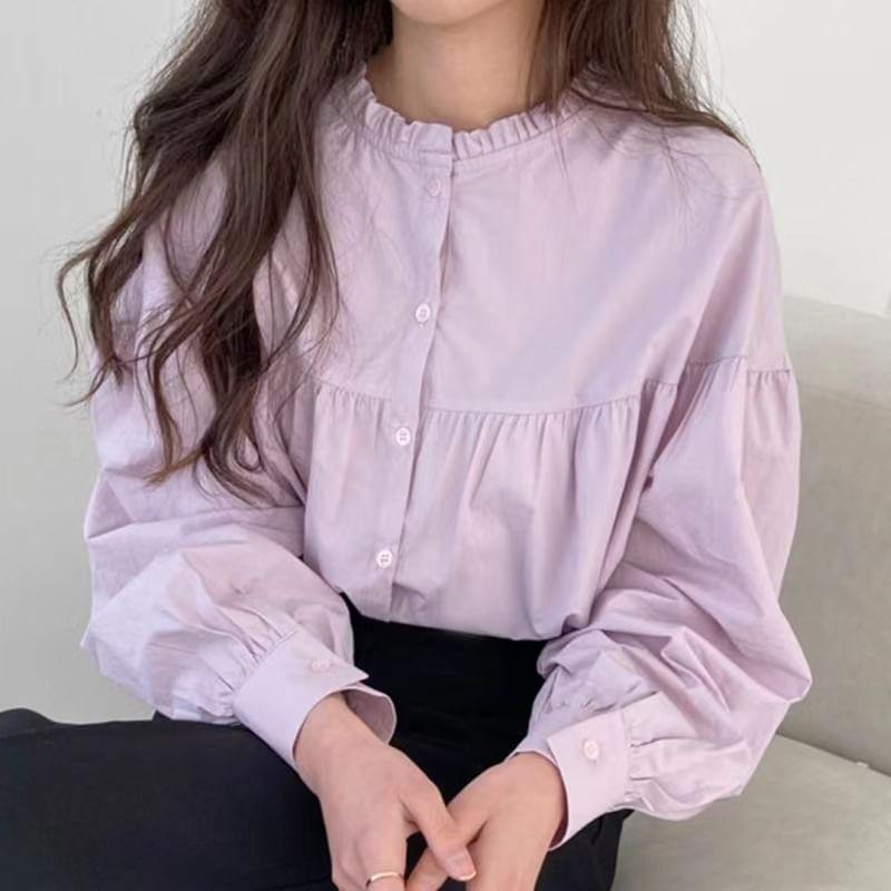 Long-Sleeve Round Neck Plain Frill Trim Blouse Product Image