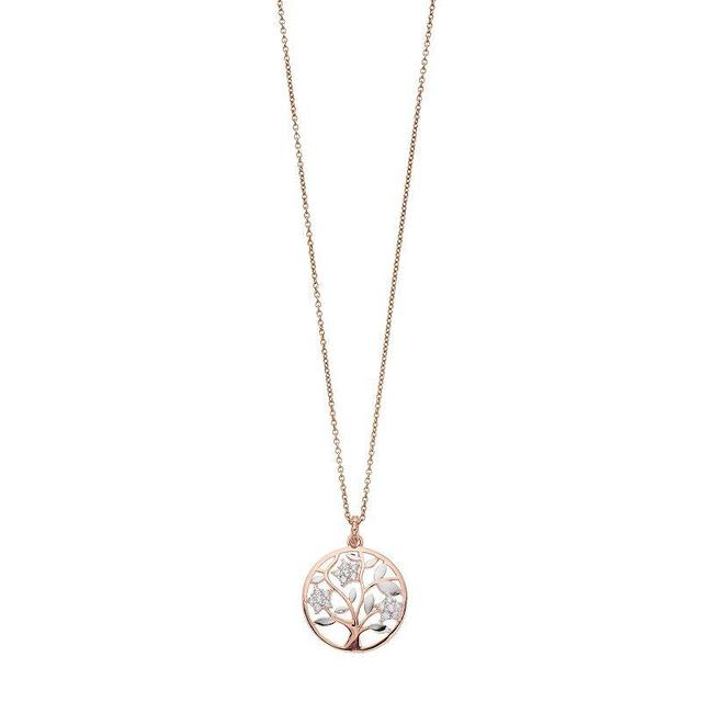 Two Tone Sterling Silver Cubic Zirconia Tree of Life Pendant Necklace, Womens White Product Image