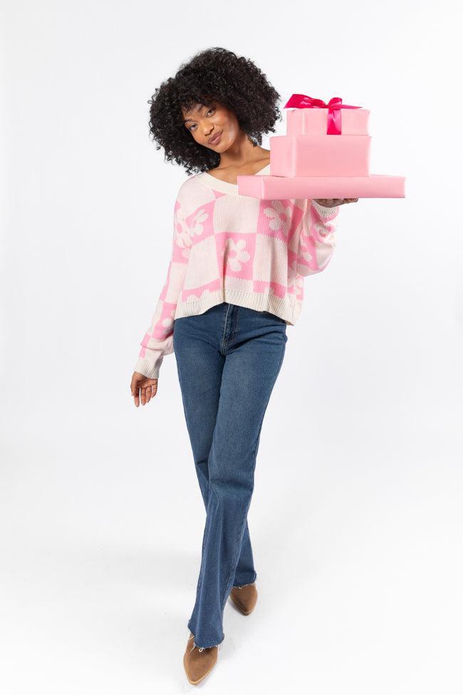 Found A New Way Pink V-Neck Checkered Flower Sweater Product Image