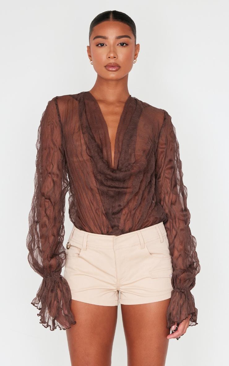 Chocolate Crushed Mesh Sheer Cowl Bodysuit Product Image