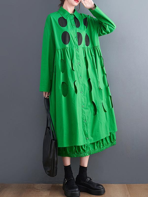 Stylish Long Sleeves A-Line Polka Dot Polo Shirt Midi Dresses Product Image