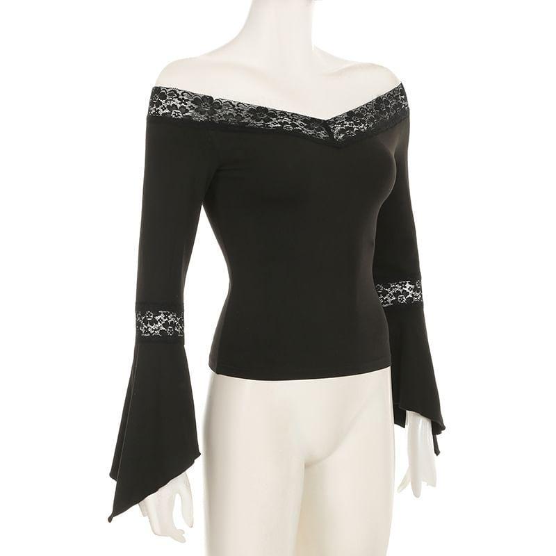 Off-The-Shoulder Long Sleeve Plain Lace Trim T-Shirt Product Image