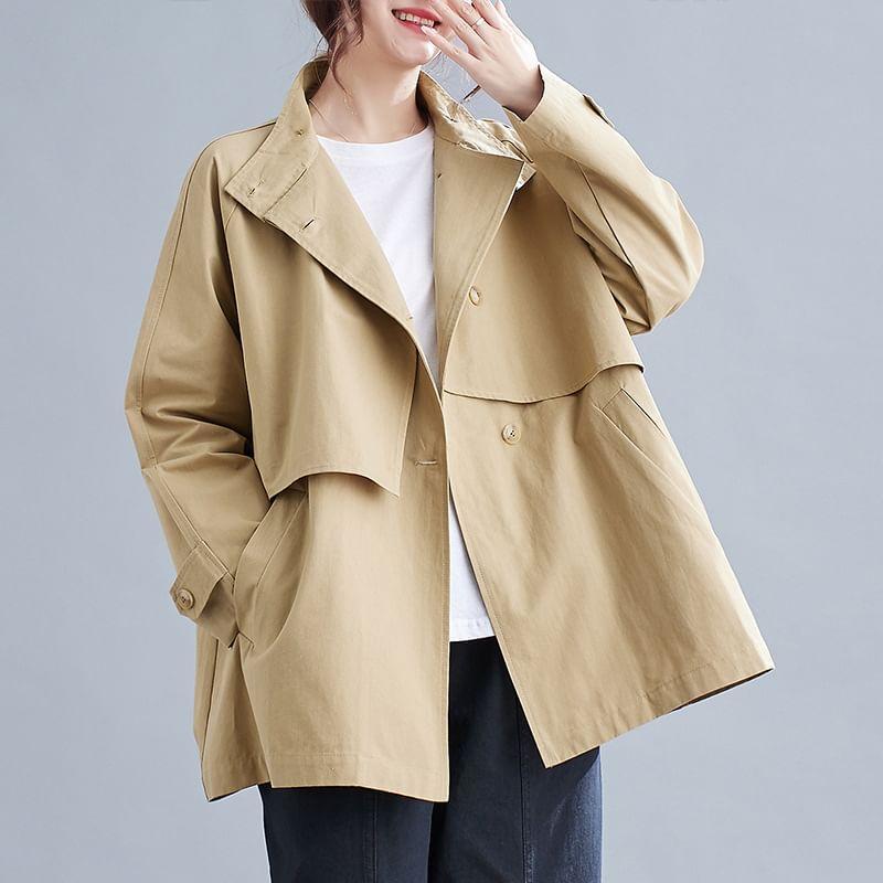 Stand Collar Plain Single-Breasted Trench Jacket Product Image