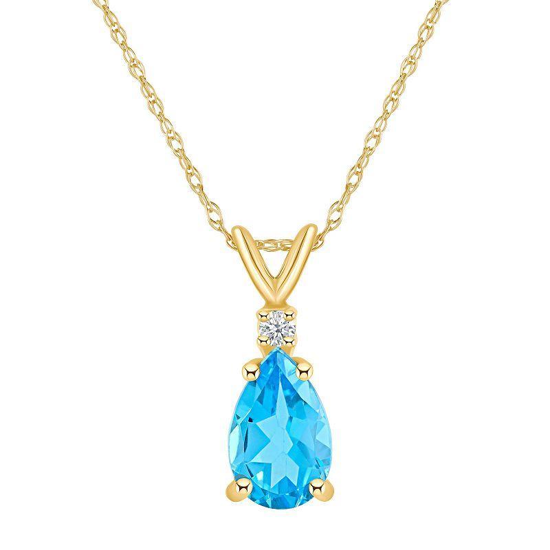 Celebration Gems 14k Gold Pear Shaped Blue Topaz & Diamond Accent Pendant Necklace, Womens Product Image